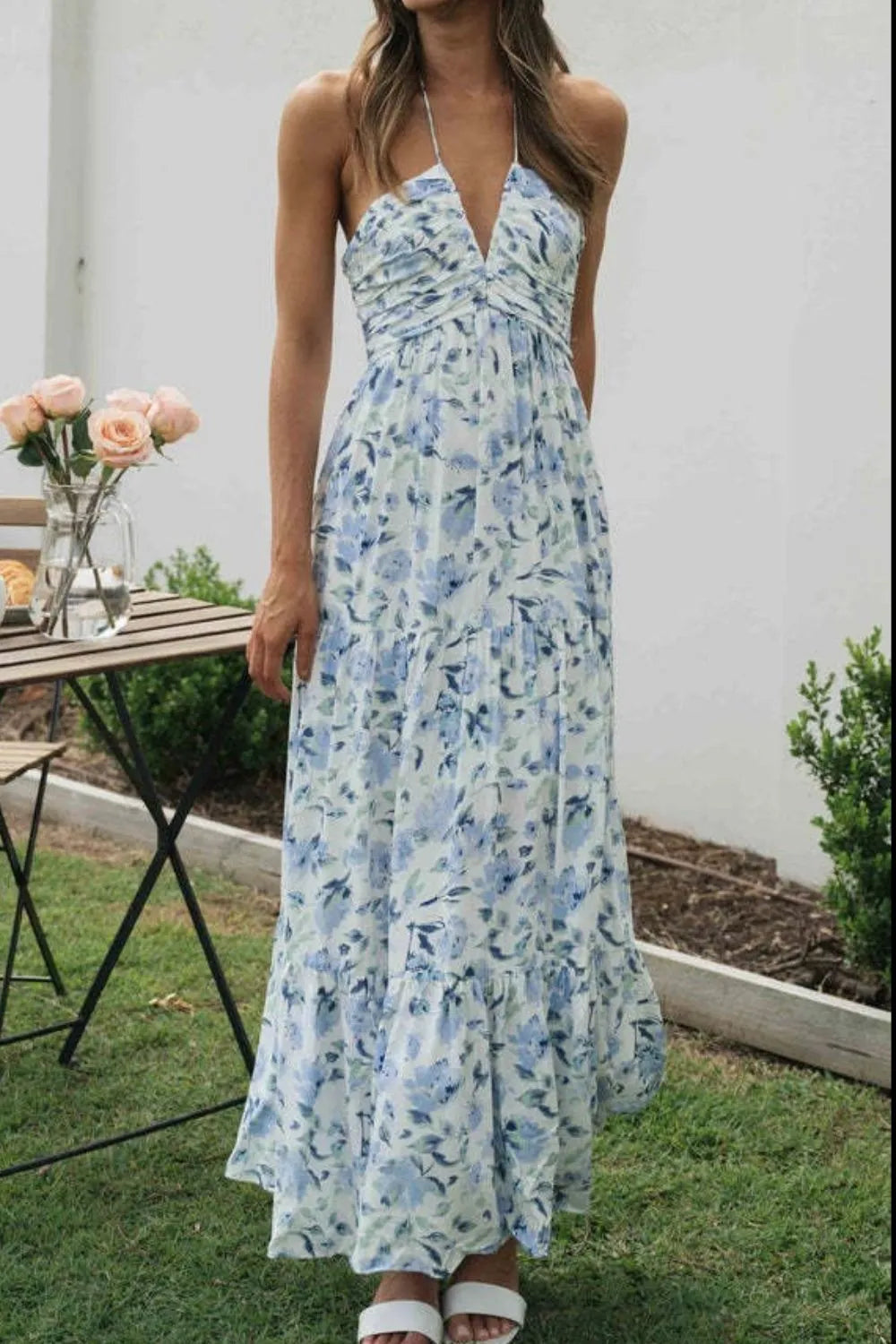 Floral Halter Neck Tiered Maxi Dress - Ladyez