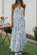 Floral Halter Neck Tiered Maxi Dress - Ladyez