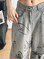 Printed Distressed Wide Leg Jeans - Ladyez