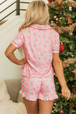 Candy Cane Collared Neck Top and Shorts Lounge Set - Ladyez