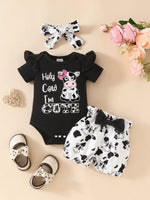 Children's Ruffled Cow Bodysuit and Shorts Set with Headband