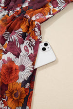 Floral Print Wrap V Neck Puff Sleeve Flowy Mini Dress