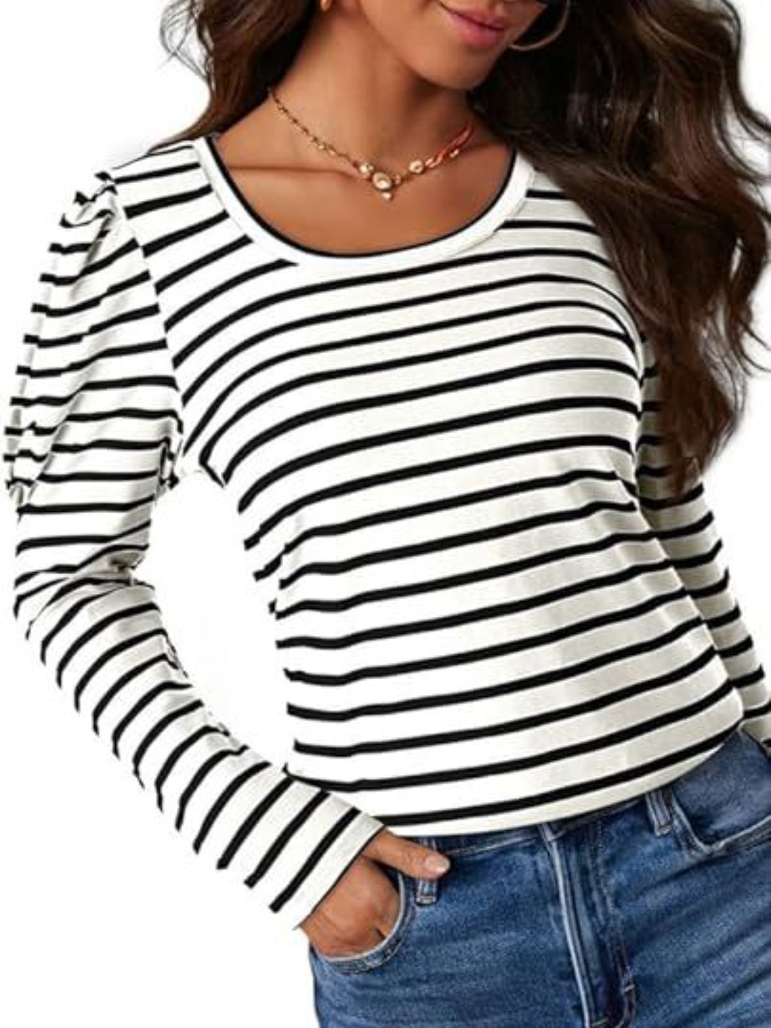 Striped Round Neck Long Sleeve T-Shirt - Ladyez