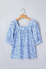Square Neck Short Puff Sleeve Pleated Floral Blouse