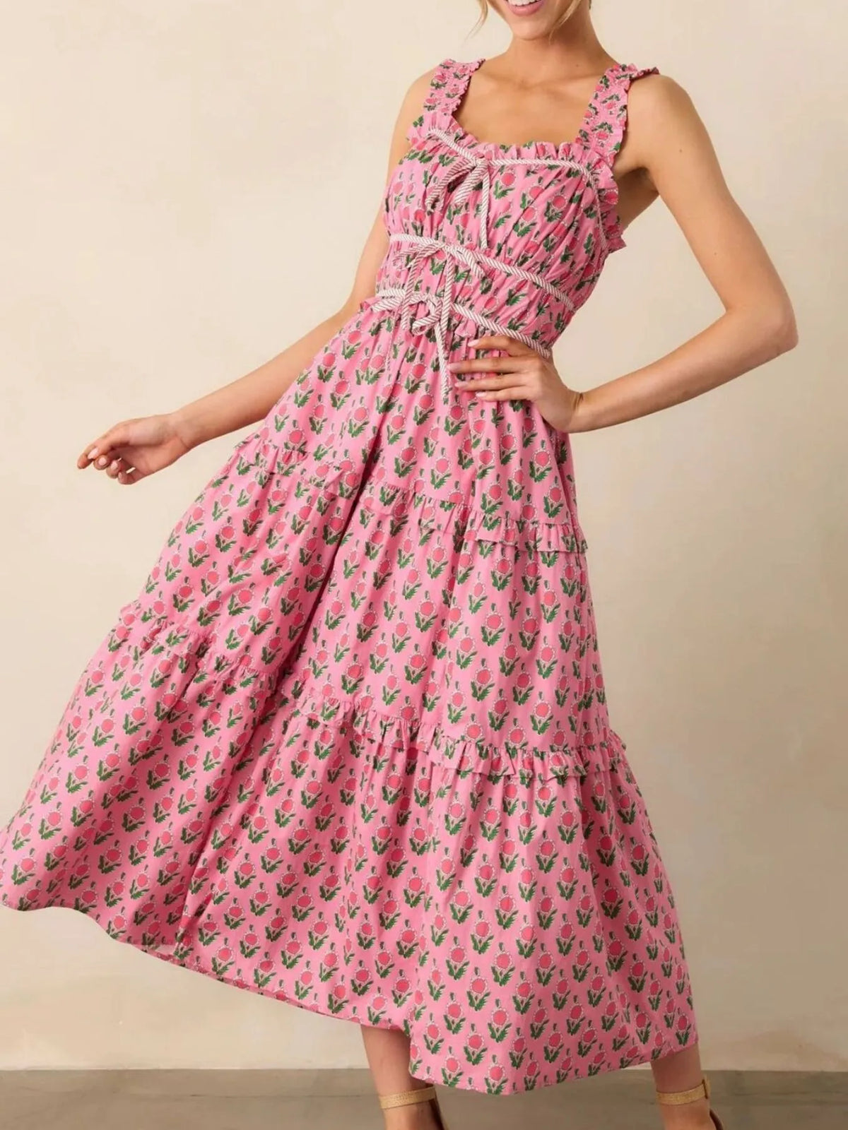 Floral Print Ruffled Midi Dress with Pockets