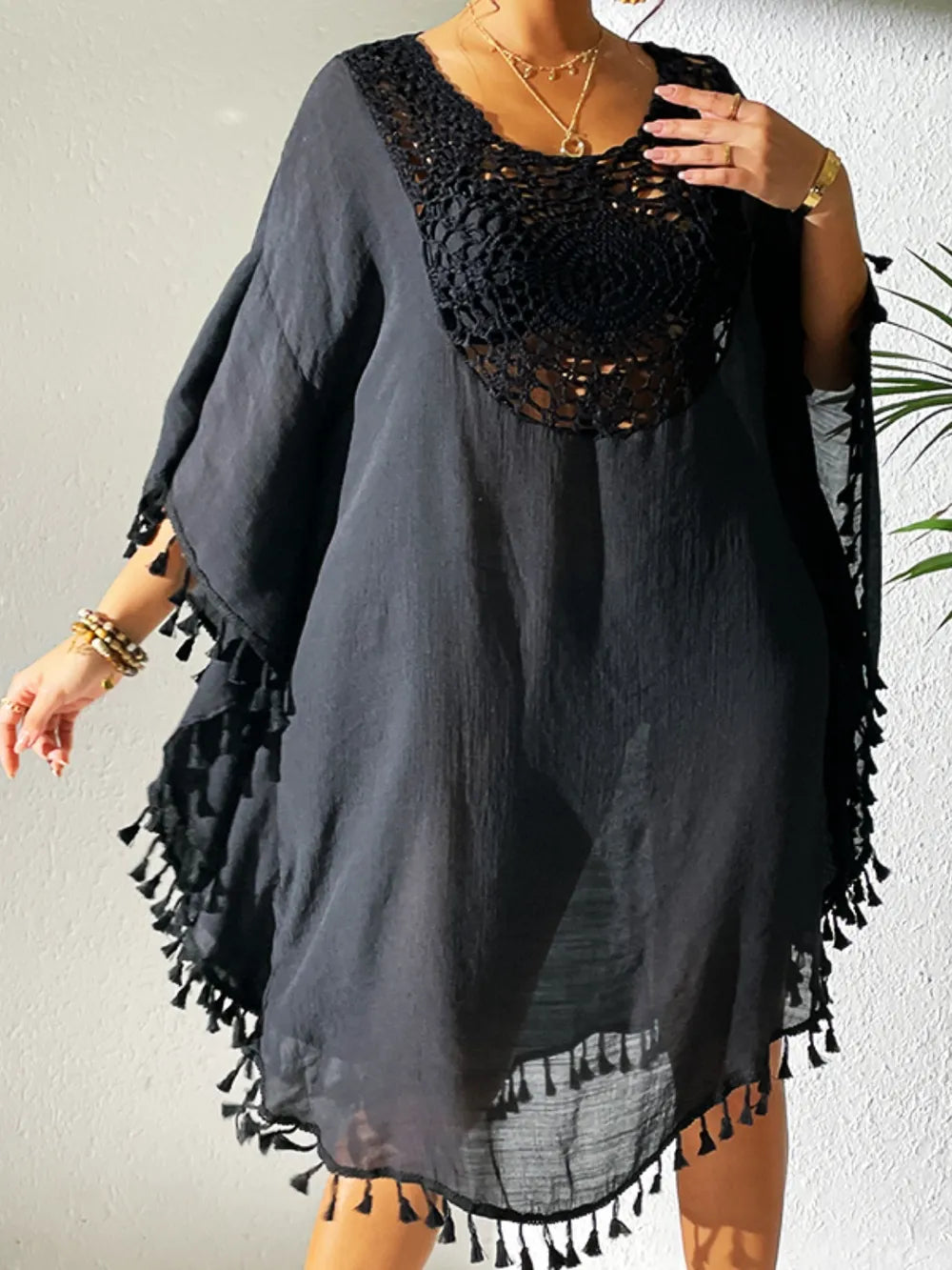 Tassel Cutout Scoop Neck Cover-Up Dress - Ladyez