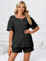 Notched Short Sleeve and Shorts Lounge Set - Ladyez