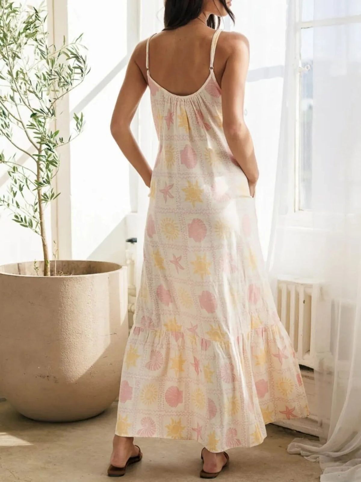 Printed Maxi Lounge Dress with Ruffled Hem - Ladyez