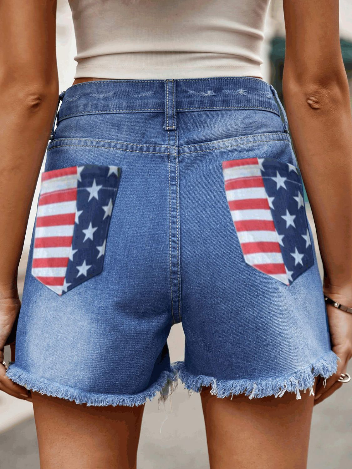 American Flag Raw Hem Denim Shorts with Pockets