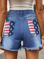 American Flag Raw Hem Denim Shorts with Pockets