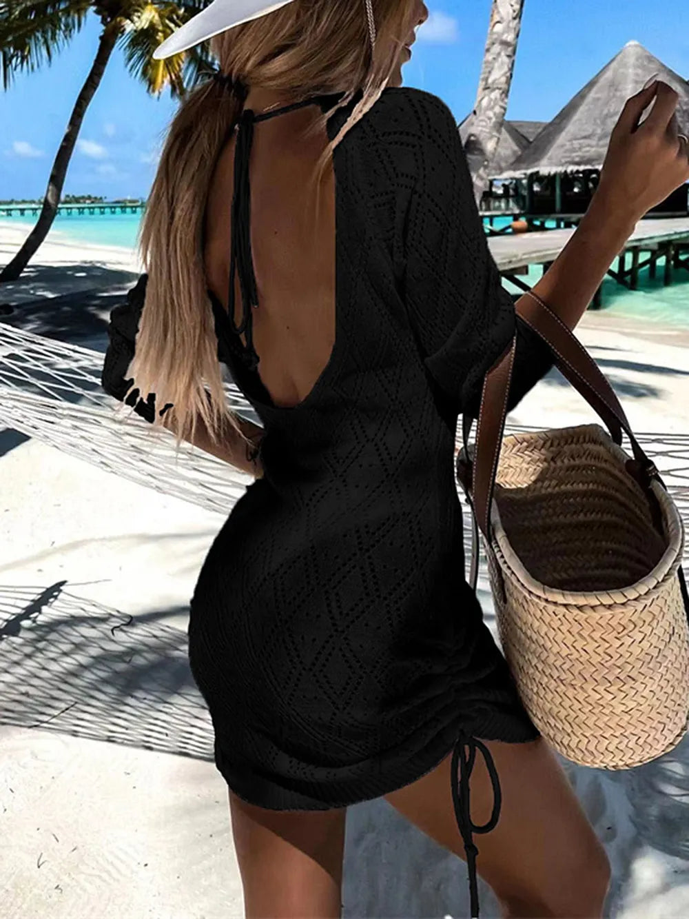 Backless Openwork Drawstring Round Neck Cover Up - Ladyez