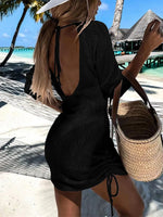 Backless Openwork Drawstring Round Neck Cover Up - Ladyez