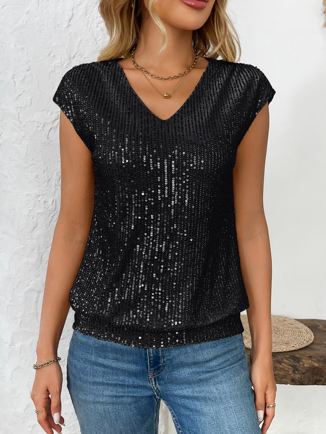Sequin V-Neck Cap Sleeve Top - Ladyez