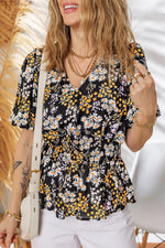 Floral Print V Neck Smocked Babydoll Blouse