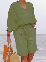 Full Size Johnny Collar 3/4 Sleeve Top and Shorts Set Plus Size