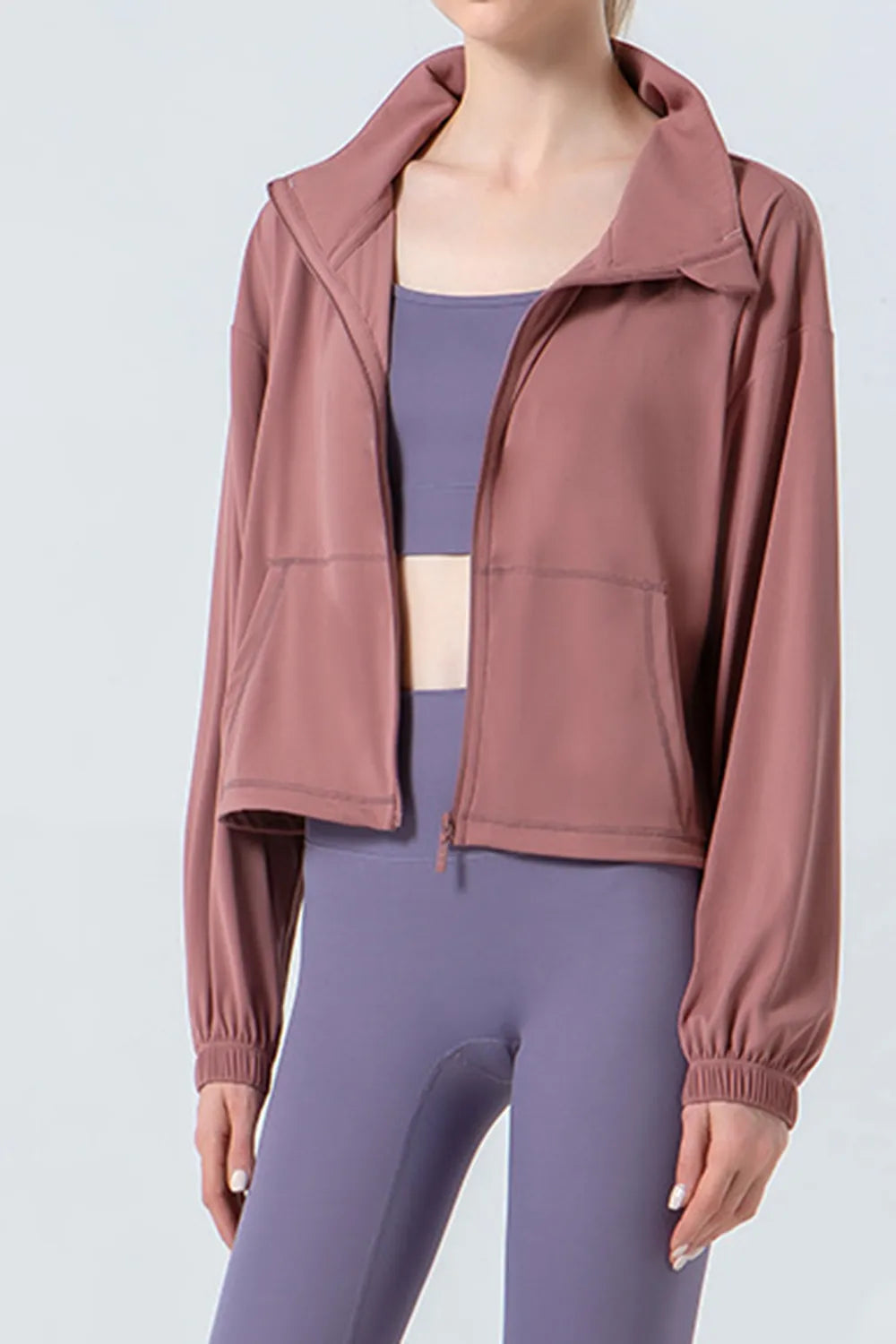 Drawstring Zip Up Dropped Shoulder Active Outerwear - Ladyez