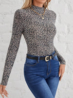 Animal Print Mock Neck Long Sleeve T-Shirt
