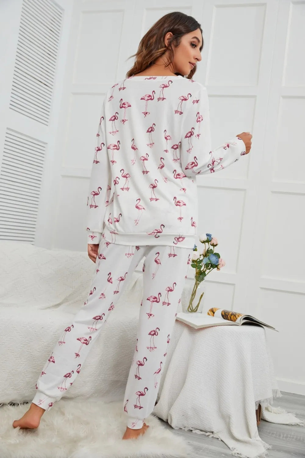 Flamingo Long Sleeve Top and Pants Lounge Set - Ladyez
