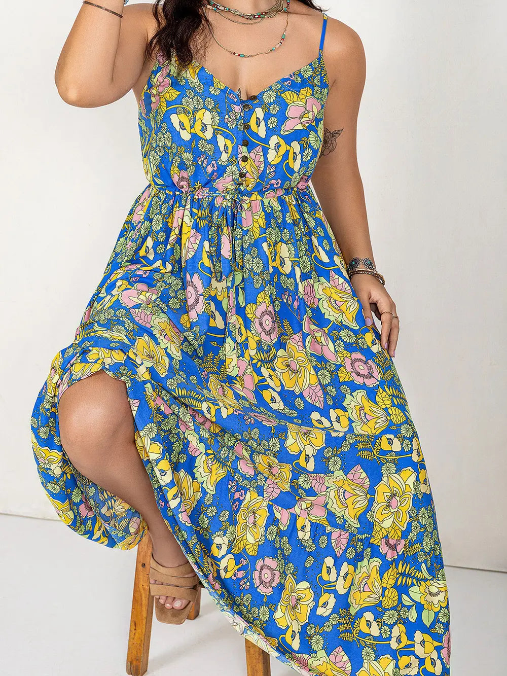 Drawstring Ruffle Hem Maxi Dress - Ladyez