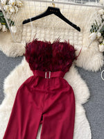 Feather Trim Strapless Wide Leg Jumpsuit