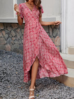 Printed Surplice Maxi Dress with Flutter Sleeves - Ladyez