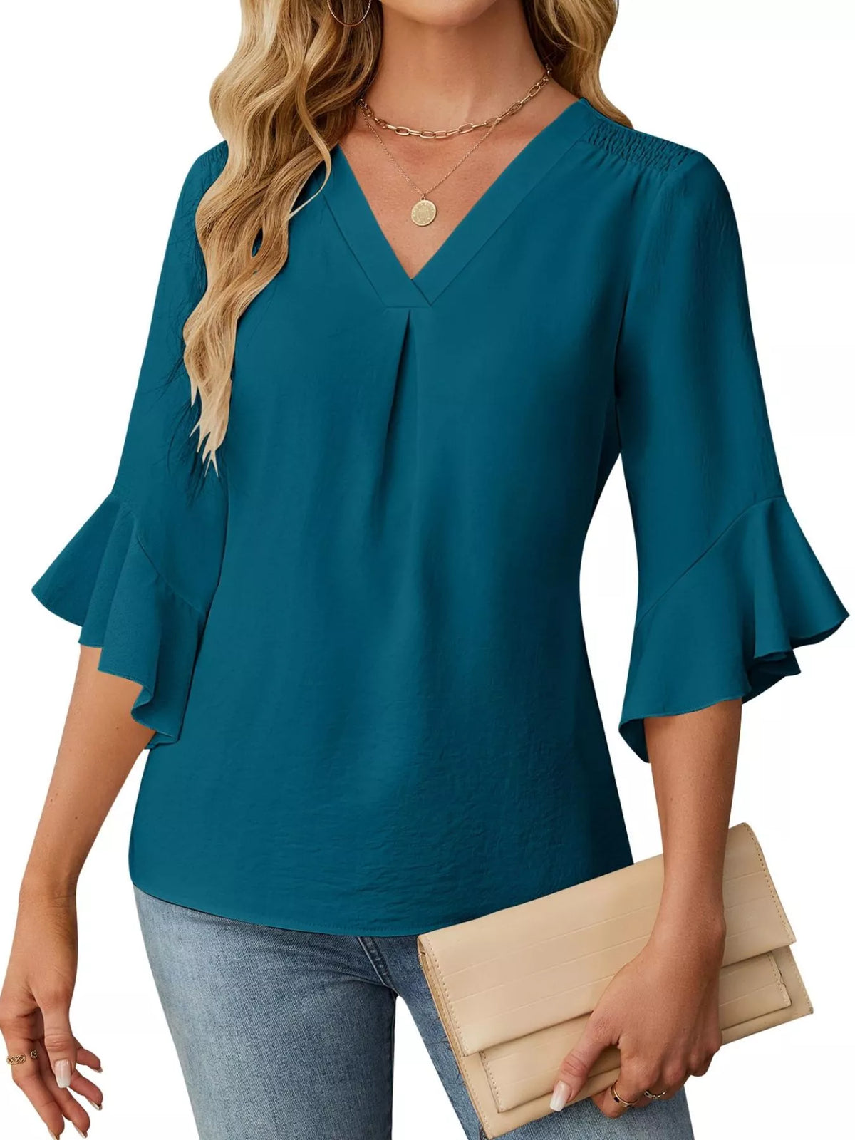 V-Neck Ruffle Sleeve Blouse