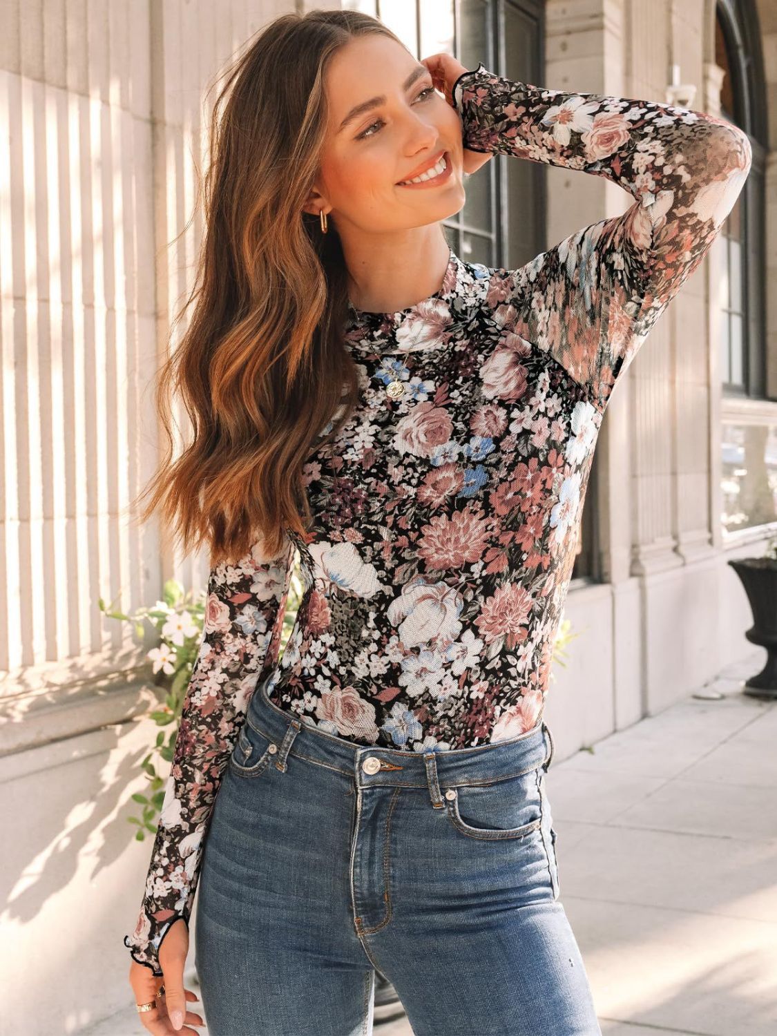 Floral Mock Neck Long Sleeve T-Shirt - Ladyez
