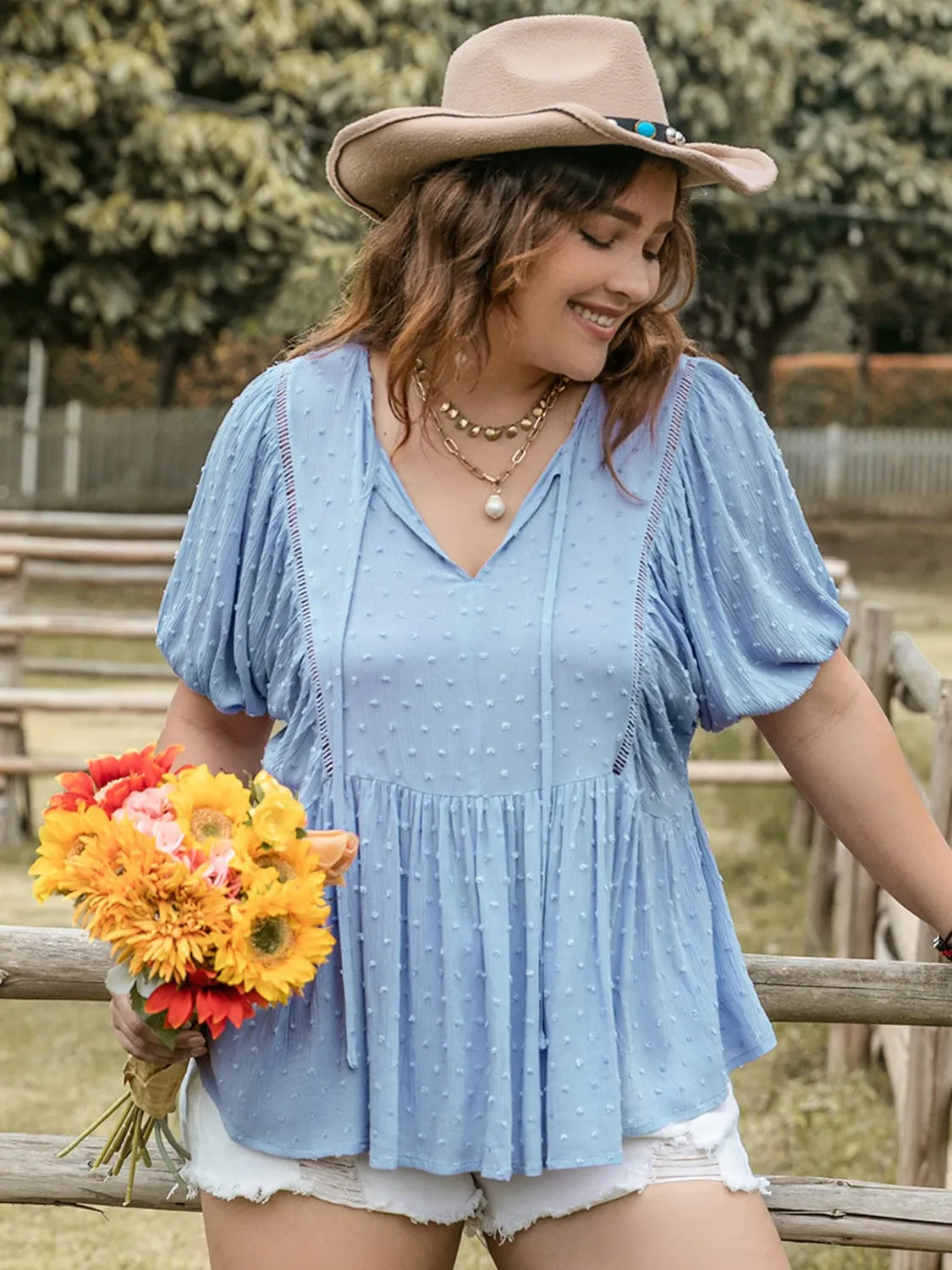 Plus Size Swiss Dot Tie Neck Short Sleeve Blouse