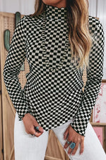 Plaid Stand Neck Long Sleeve Mesh Top