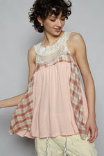 POL Crochet Lace Plaid Panel Detail Tank - Ladyez