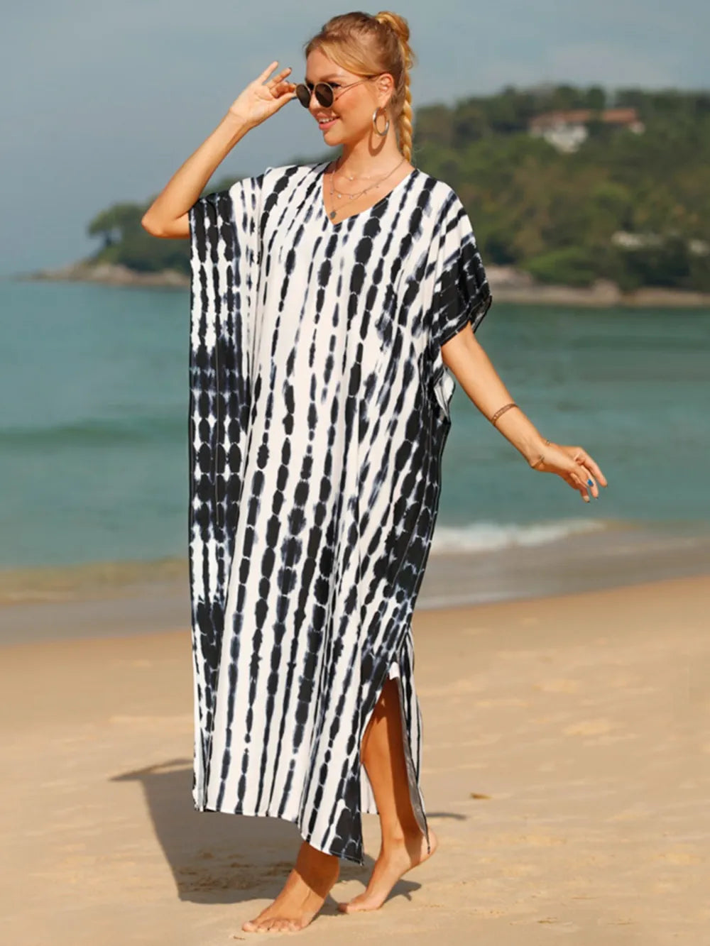 Tie-Dye V-Neck Half Sleeve Cover-Up - Ladyez