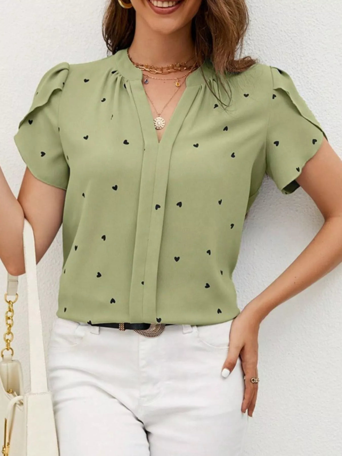 Heart Print Petal Sleeve Blouse