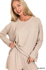Zenana Soft Melange Long Sleeve Tee and Shorts Set