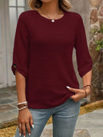 Textured Waffle Knit Three-Quarter Sleeve T-Shirt