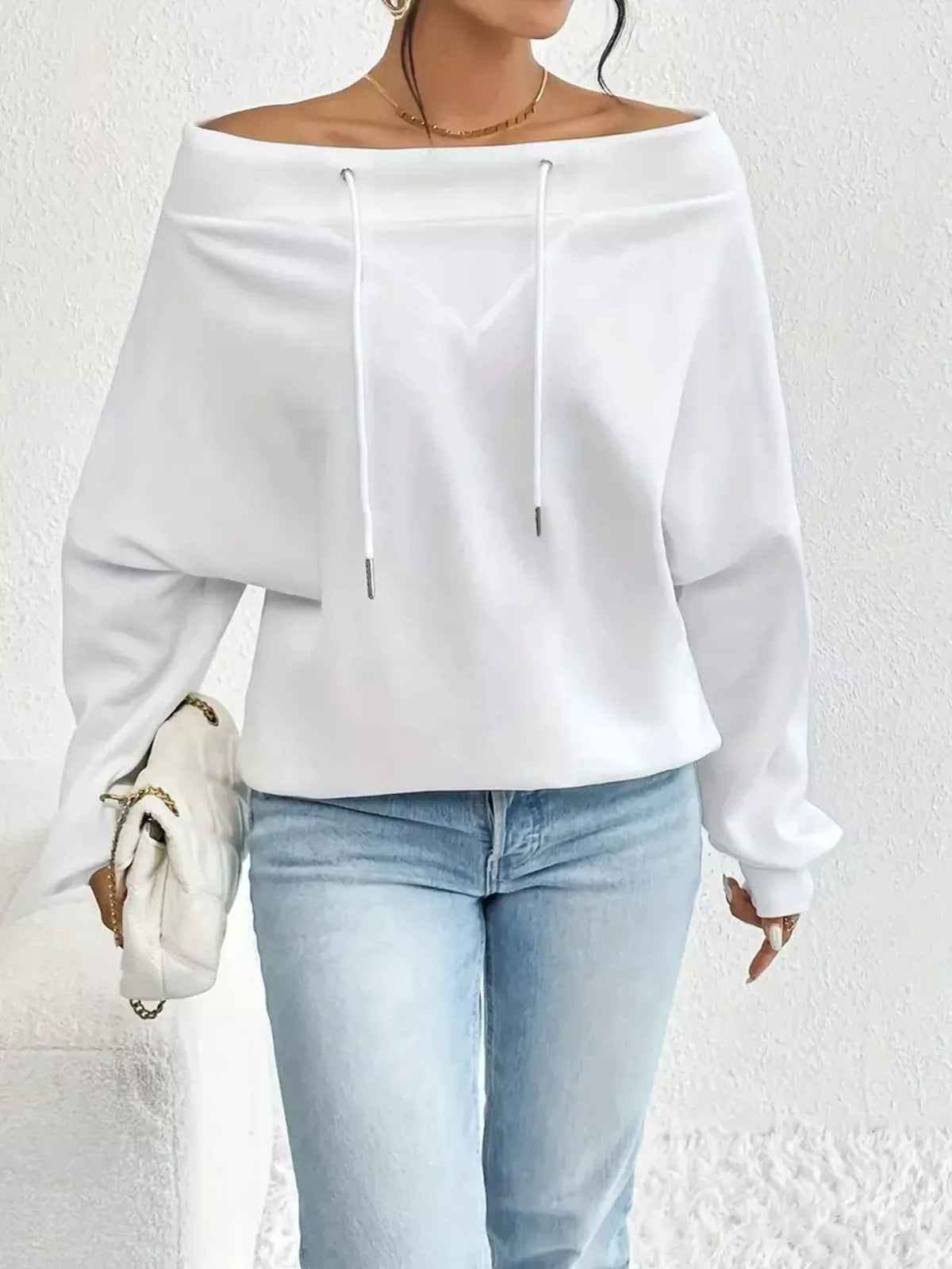 Full Size Off-Shoulder Drawstring Long Sleeve Top Plus Size