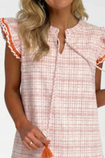 Jacquard Textured Contrast Trim Short Sleeve Tassel Tie Shift Dress