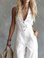 Sleeveless Button-Down Wide-Leg Jumpsuit