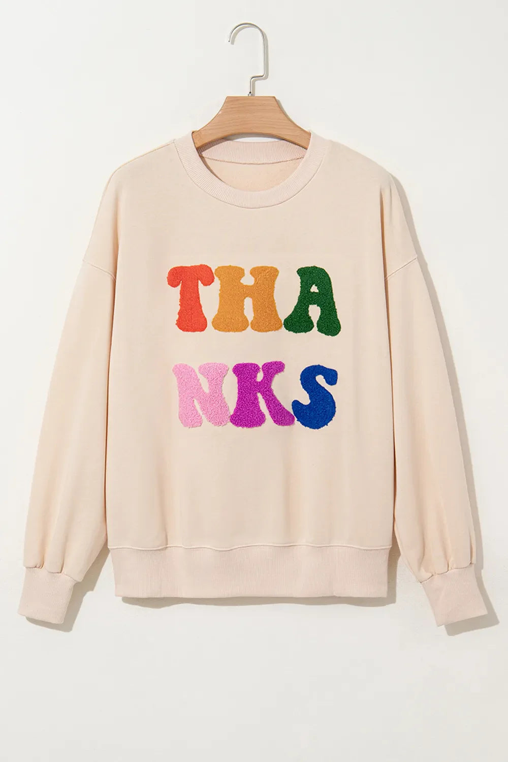 THANKS Round Neck Long Sleeve Sweatshirt