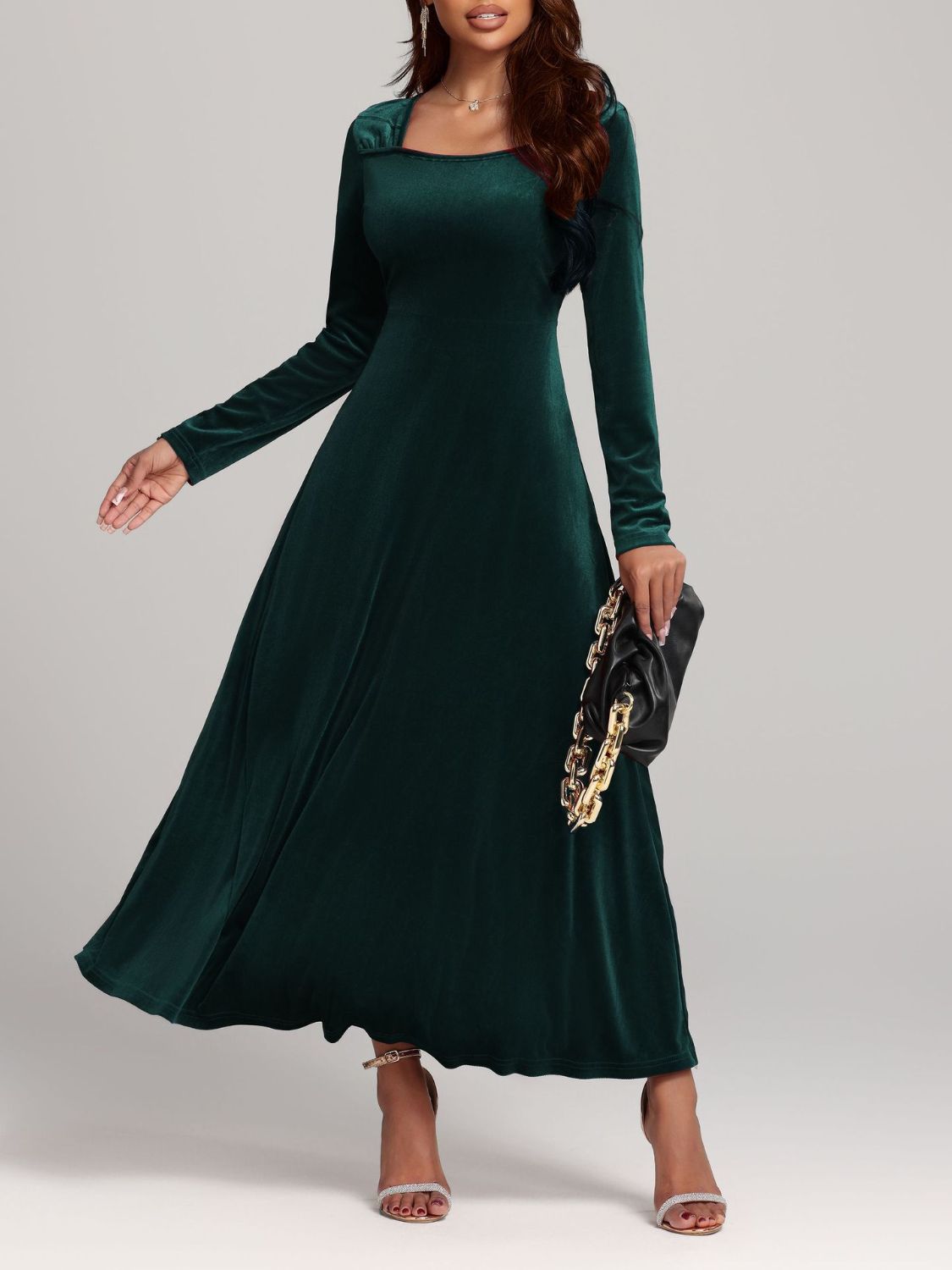 Square Neck Long Sleeve Velvet Dress - Ladyez
