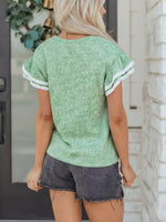 Twilled Print Lace Trim Ruffled Short Sleeve Blouse