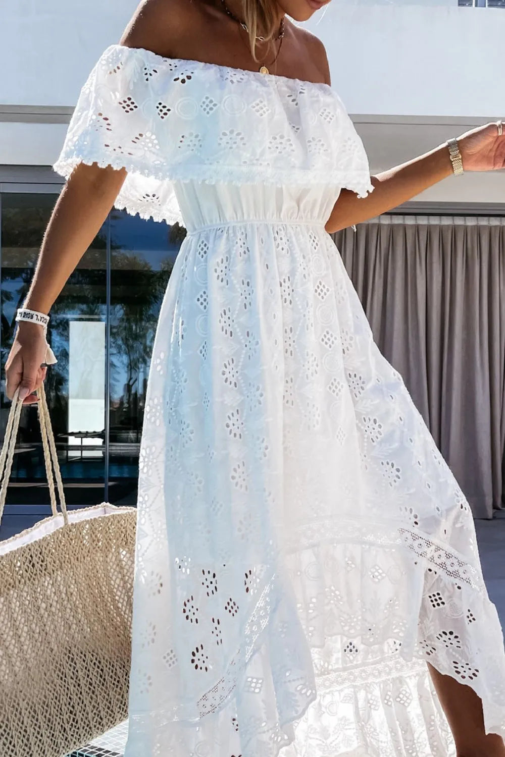 Off Shoulder Eyelet Lace Maxi Dress - Ladyez