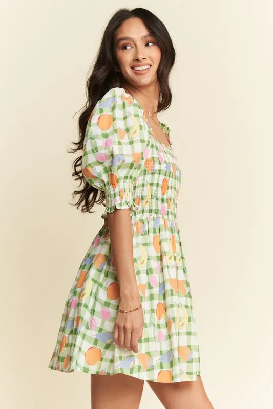 Davi & Dani Fruits Printed Smocking Mini Dress - Ladyez