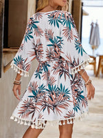 Tassel Tied Printed Half Sleeve Cover Up - Ladyez