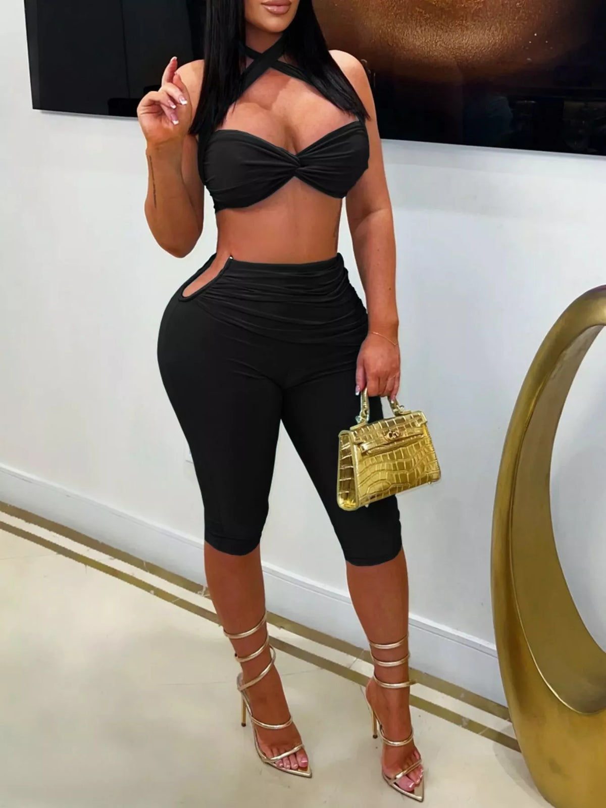 Halter Neck Twist Top and High-Waisted Ruched Capris Set