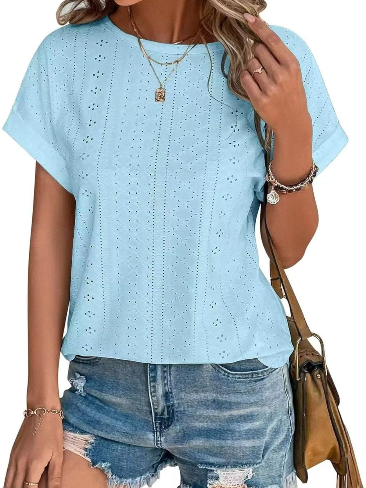 Eyelet Round Neck Short Sleeve Top