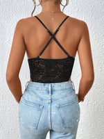 Perfee Crisscross Lace Spaghetti Strap Bodysuit - Ladyez