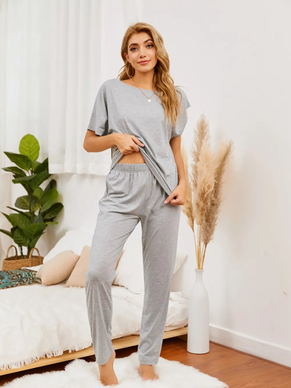Boat Neck Top and Pants Lounge Set - Ladyez