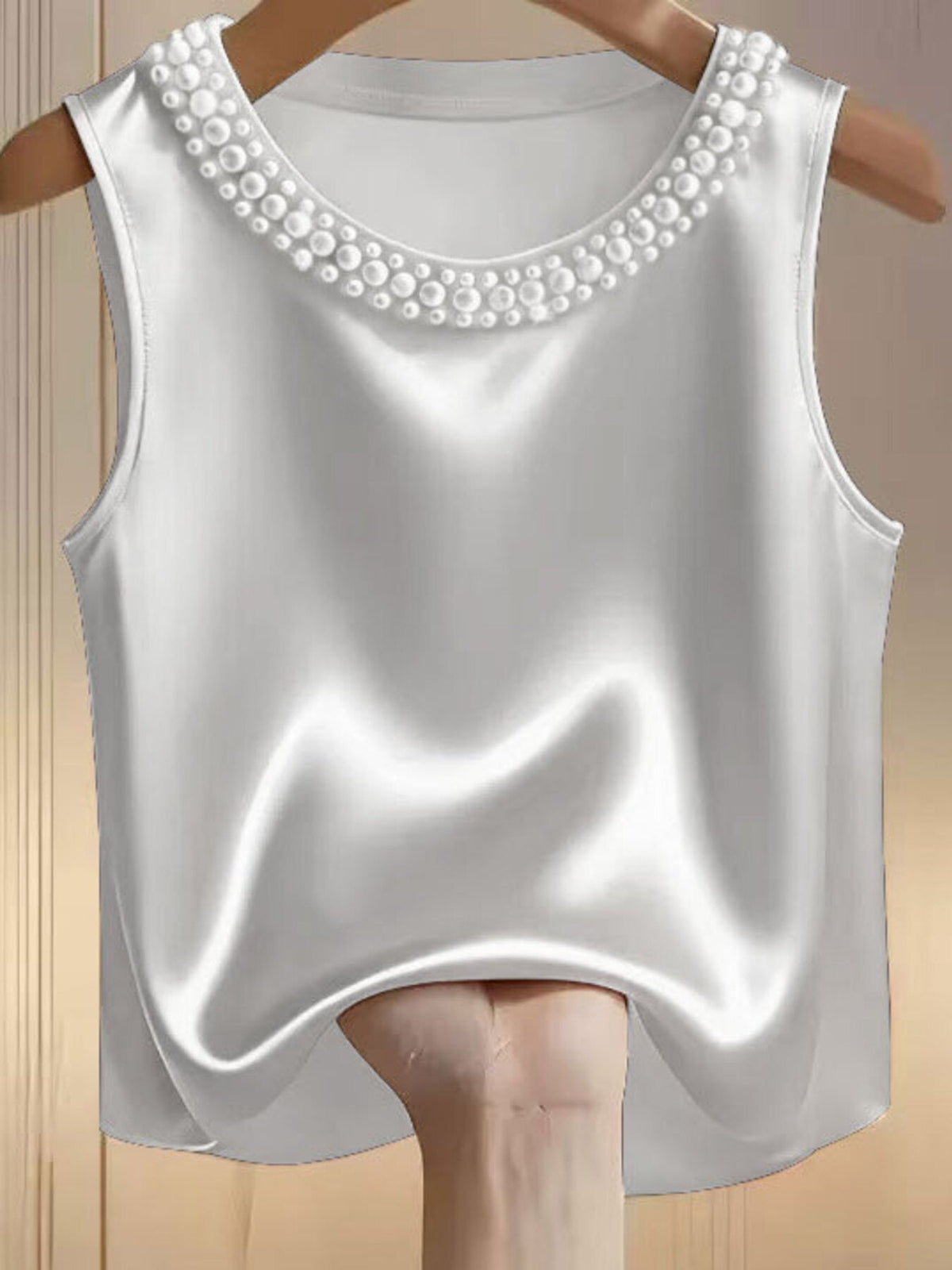 Pearl Embellished Satin Tank Top