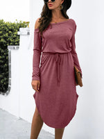 One-Shoulder Long Sleeve Midi Dress with Drawstring Waist