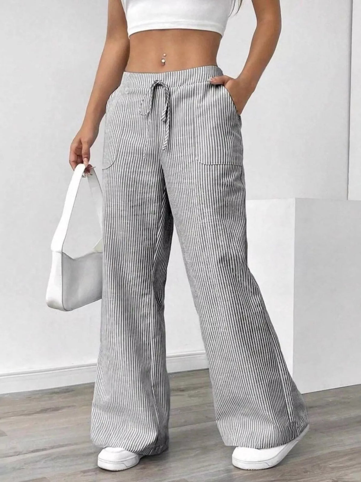 Striped Drawstring Wide-Leg Pants